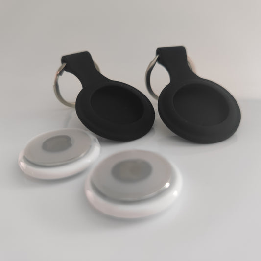 Set 2 NFC Tracker Apple AirTag mit 2 Silikon schwarz Anhänger und Metallring